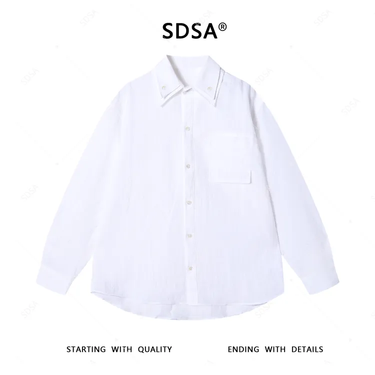 SDSA男士2025新款轻奢痞帅男装网红款纯色纽扣双层翻领长袖衬衫