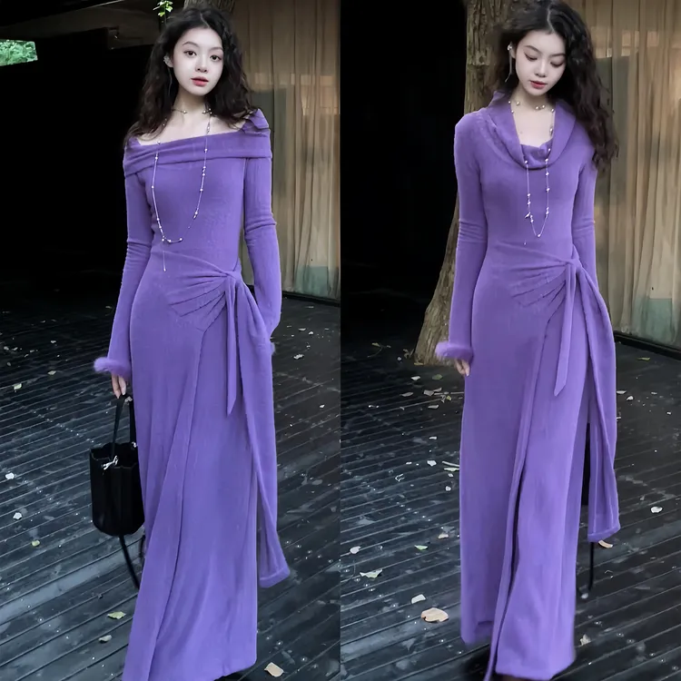 2025秋冬设计感千金风一字肩长裙显瘦内搭加绒连衣裙