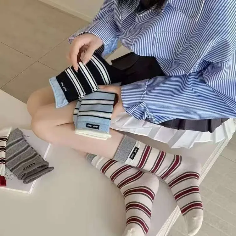 百搭袜子女春夏新款女中筒拼色ins中筒罗口撞色堆堆夏天条纹学院