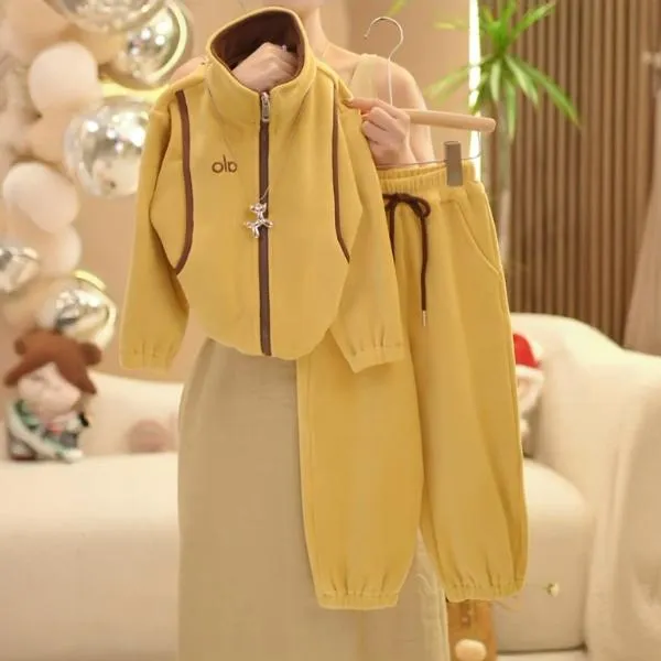 女童秋季运动套装2025新款洋气时尚立领韩版针织宽松加绒两件套潮