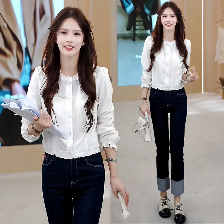 韩版时尚高级感花边领长袖衬衫女2025年秋冬新款洋气减龄遮肉上衣