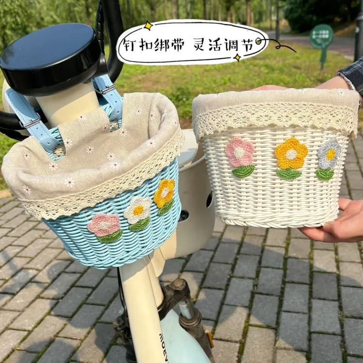 电动车收纳挂袋编织车筐小清新可爱自行车前后座通用置物篮高档