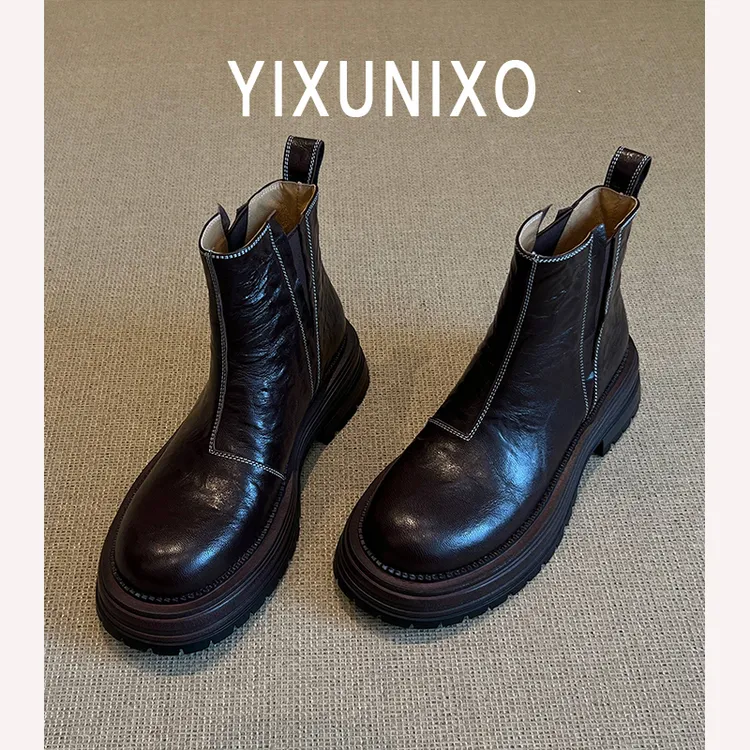 羊皮版~厚底小个子增高马丁靴女百搭复古秋冬新款切尔西烟筒靴子