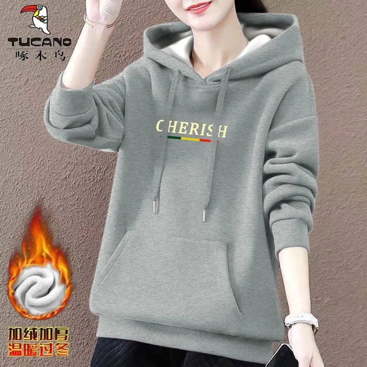啄木鸟加绒连帽卫衣女2024新款爆款秋冬加厚洋气大码百搭长袖上衣