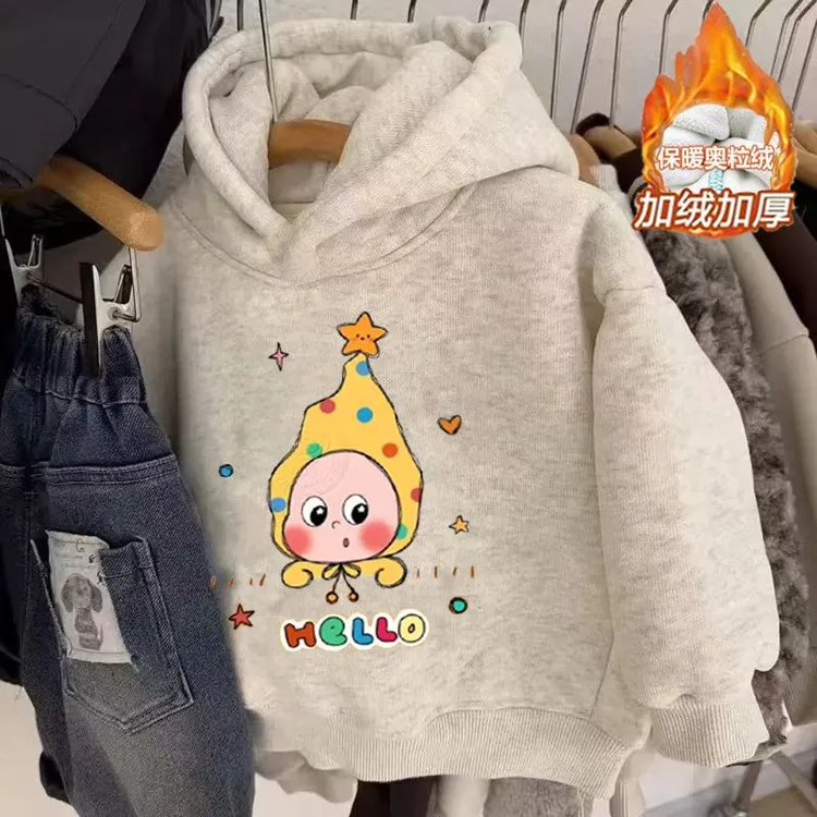 女童秋冬加绒卡通男童加厚连帽卫衣新款洋气一体儿童宝宝保暖上衣