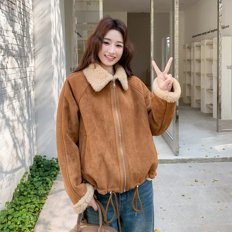复古翻领羊羔毛皮毛一体外套女2025冬季新款韩系甜酷短款保暖棉服