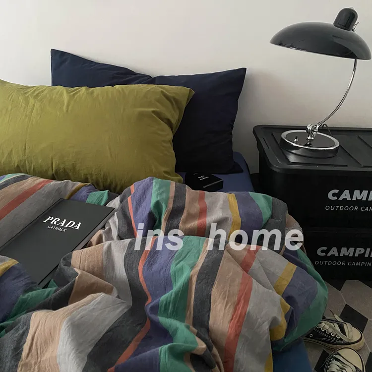 ins复古简约条纹纯棉全棉床上四件套中古风水洗棉被套床单1.8套件