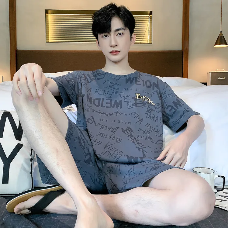 睡衣男夏季薄款青年圆领短袖短裤宽松透气短裤家居服套装6034