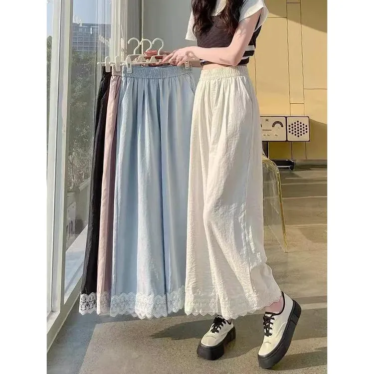 小个子九分休闲裤女夏天薄款2025新款高腰宽松阔腿裤蕾丝花边裤子