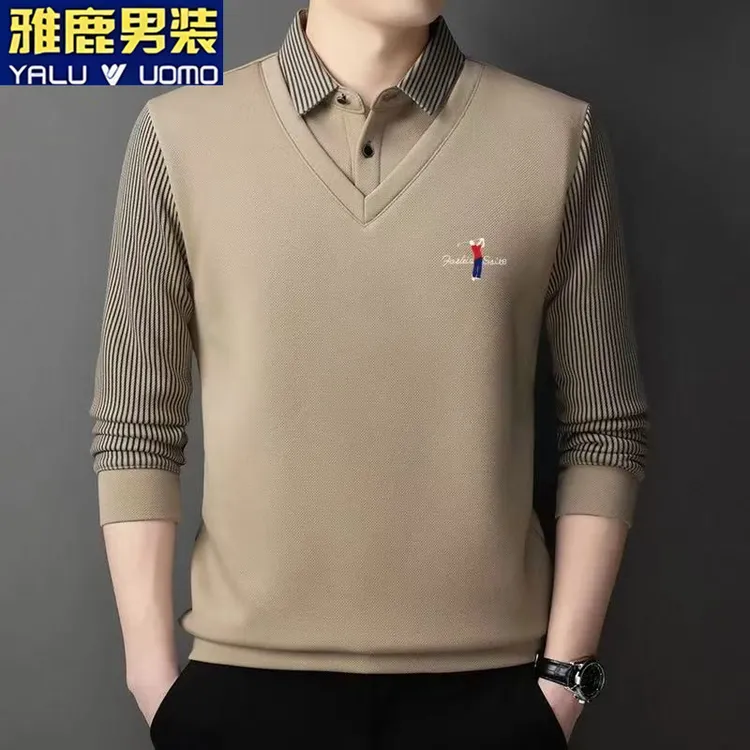 雅鹿男装春秋款长袖T恤假两件衬衫领印花Polo衫休闲薄款纯色上衣