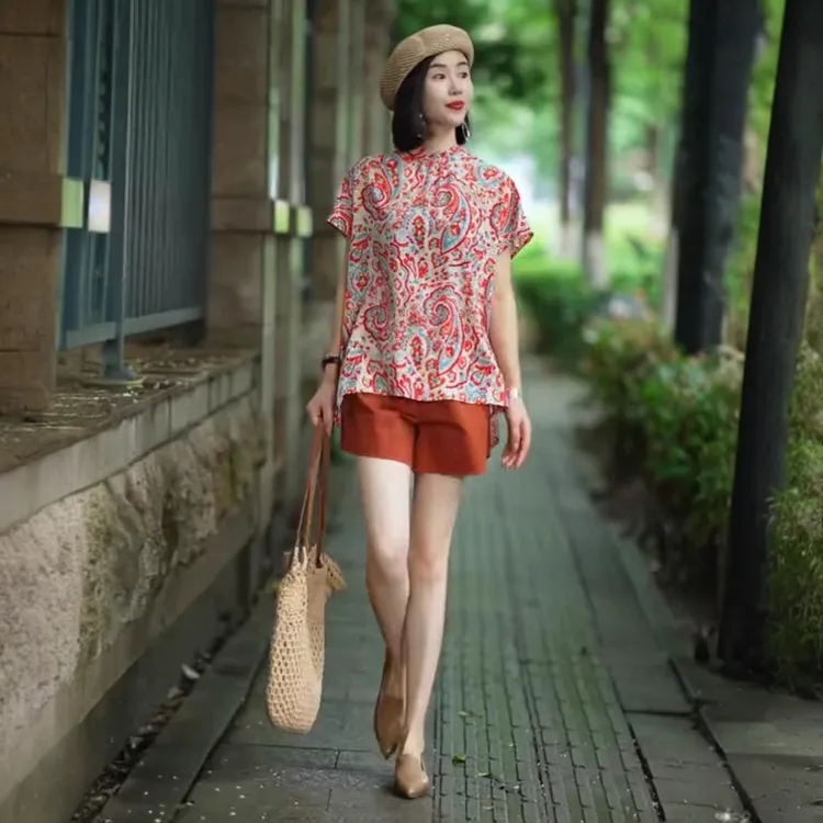 中式碎花时尚套装中国风休闲小衫女潮夏季新款短袖上衣短裤两件套