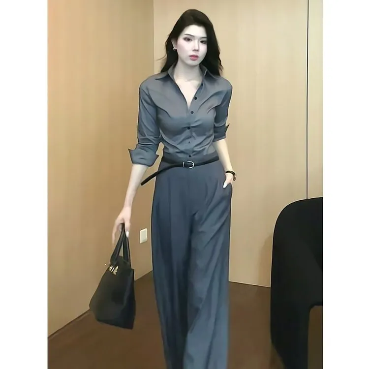 早秋搭配一整套干练气质百搭衬衫阔腿西裤巨好看职业时尚两件套女