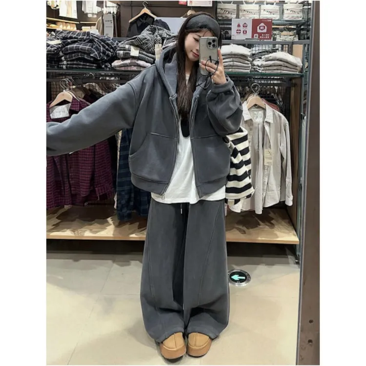 2025秋冬慵懒风套装上衣双面摇粒绒慵连帽卫衣外套女阔腿裤两件套