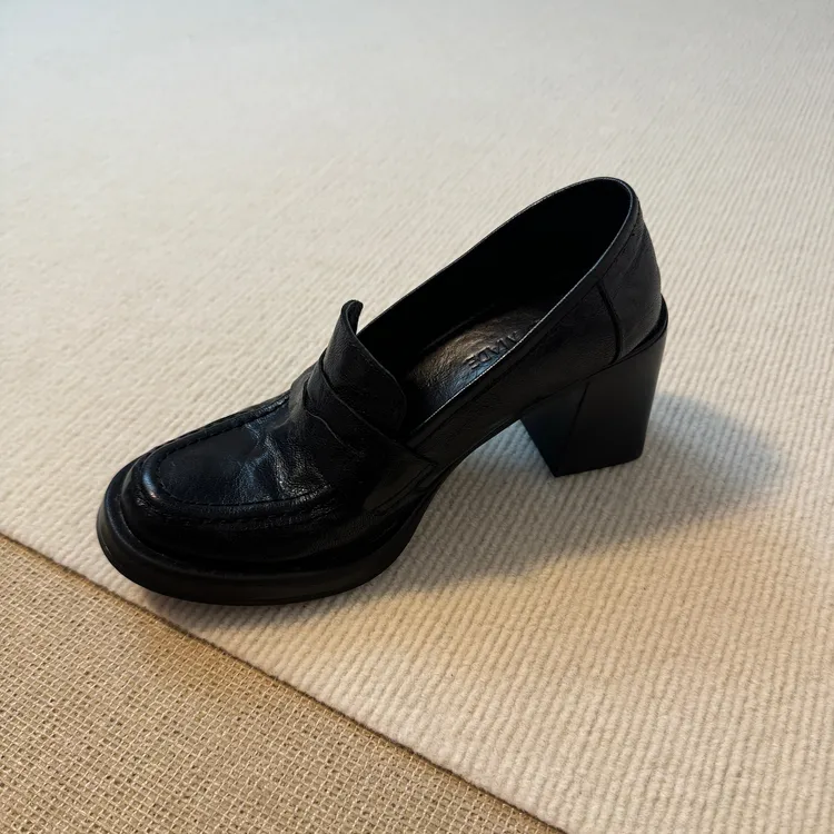 六也·厚底8cm粗跟乐福鞋｜女复古牛皮高跟鞋英伦风皮鞋一脚蹬L233