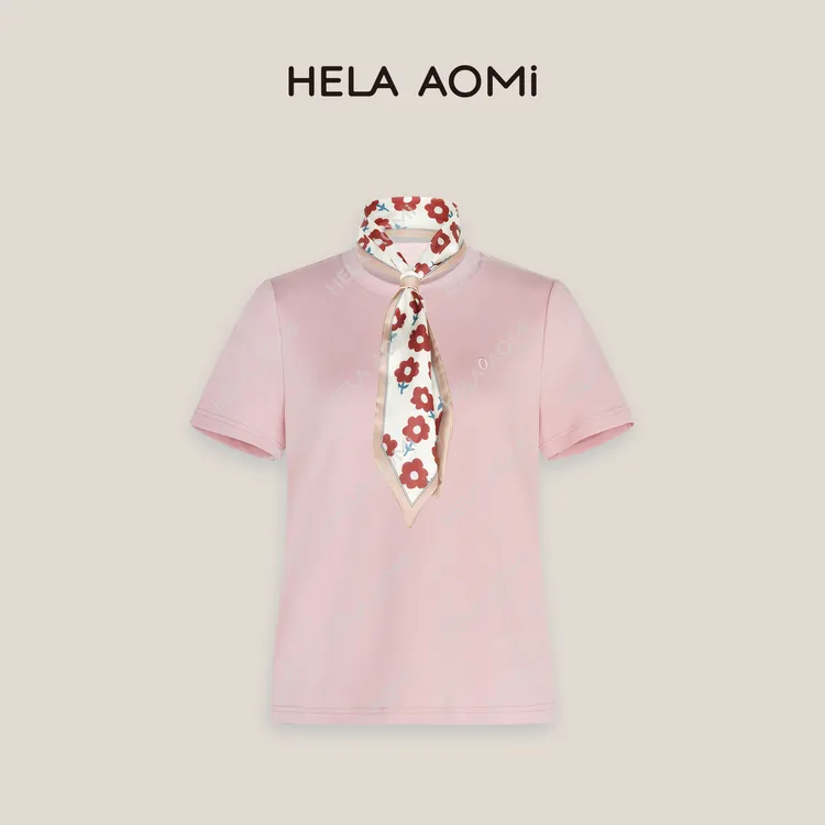 HELAAOMI “丝巾T”圆领丝带短袖简约风百搭设计感T恤CY4DM23502