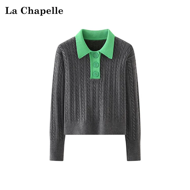 拉夏贝尔撞色polo领麻花针织衫女减龄设计感小众休闲通勤套头毛衣