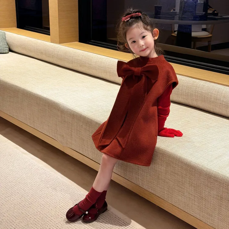 小思家2025冬季新款韩版中长款外套洋气蝴蝶结连衣裙女童圣诞套装