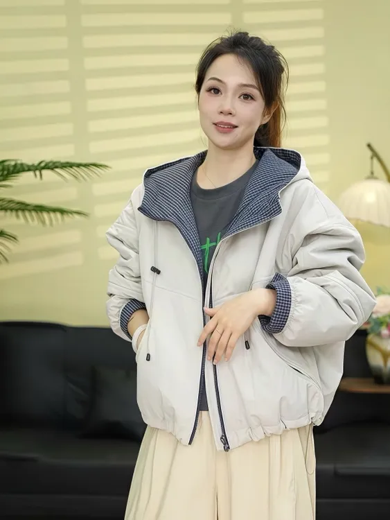 网红秋冬款休闲简约撞色连帽夹棉外套棉衣女显瘦百搭二棉保暖棉服