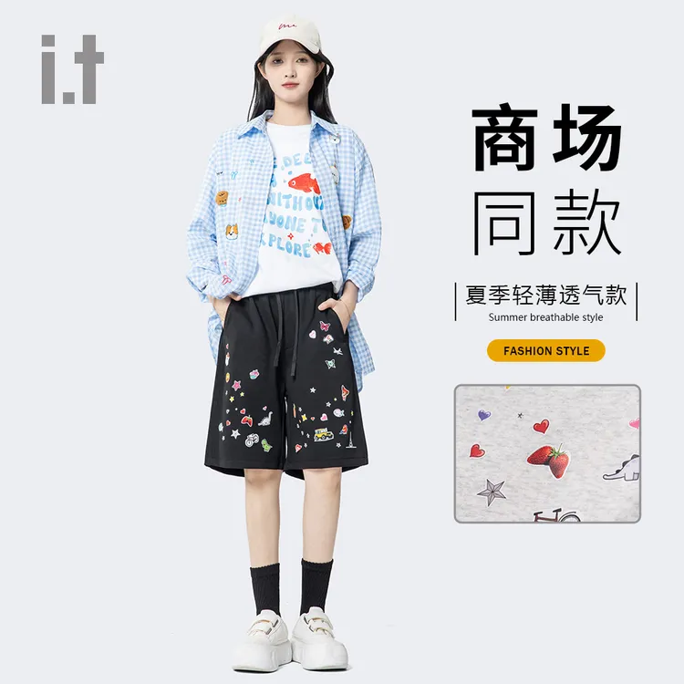 I.T旗下CHOCOOLATE夏季薄透气运动休闲短裤男简约百搭女印花针织
