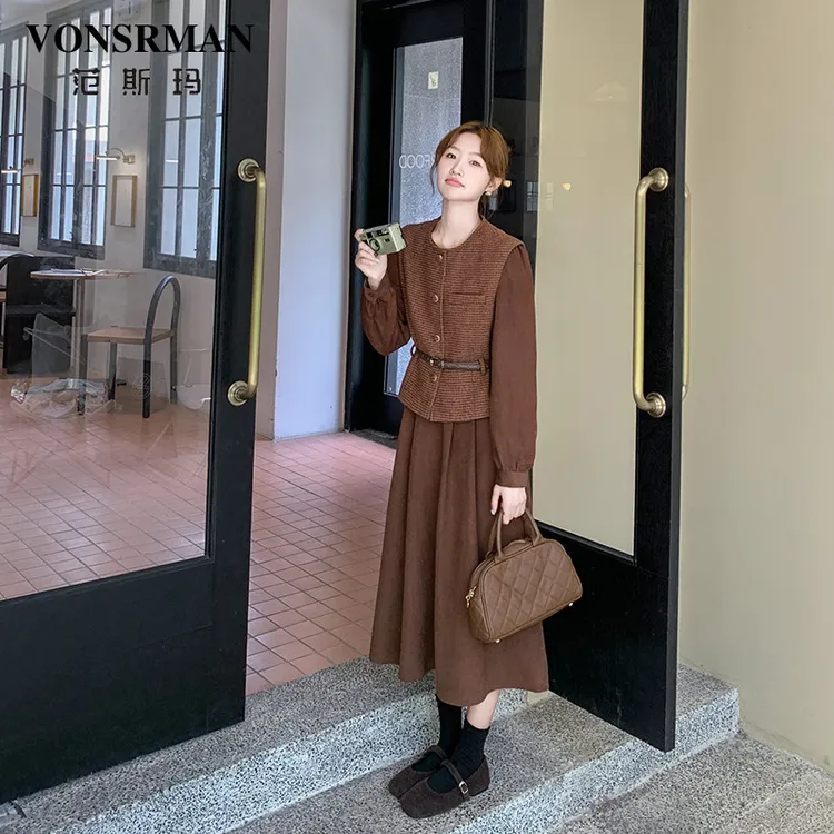 咖色美拉德氛围感连衣裙套装女春季2025新款法式小香风马甲两件套