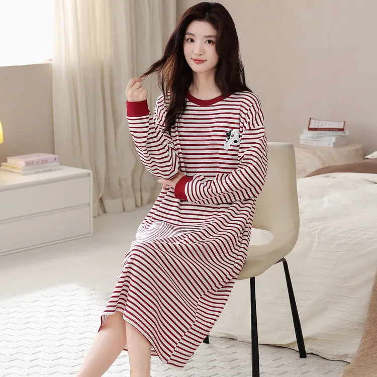 睡裙女春秋纯棉长袖甜美宽松中长连衣裙可外穿大码孕妇睡衣家居服