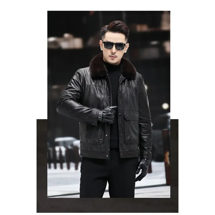 100%牛皮 男士可拆卸内胆真皮皮衣男士翻领休闲时尚夹克春秋外套
