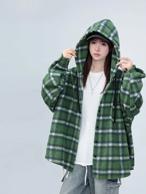 夏夏穿搭港味格子连帽衬衫外套男女秋季慵懒风中长款休闲上衣男女