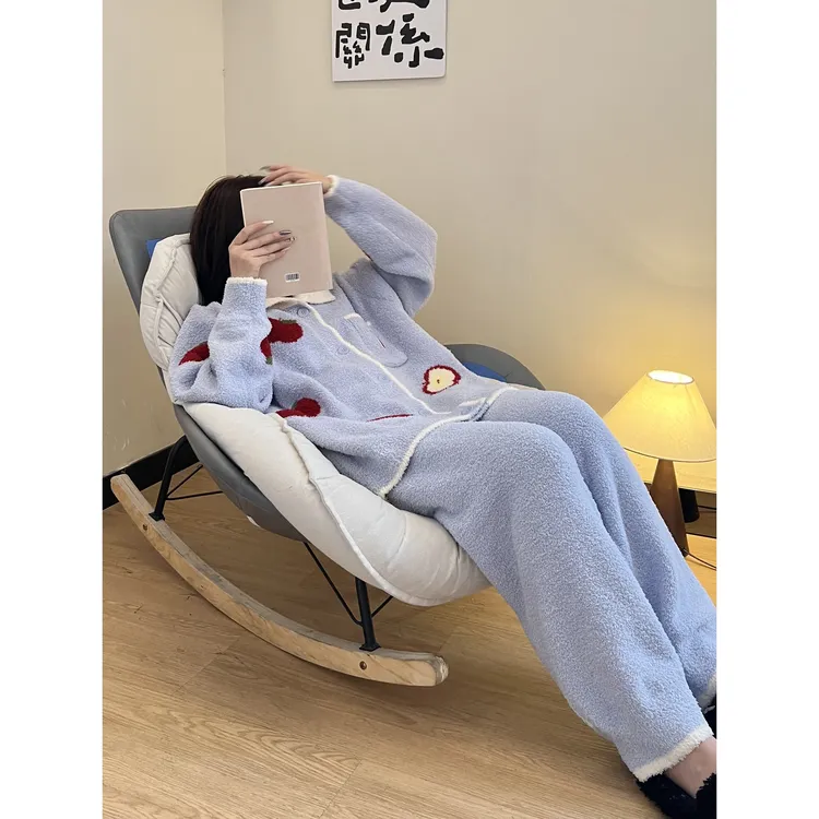 韩系甜美苹果印花半边绒睡衣女长袖长裤秋冬新款家居服套装可外穿
