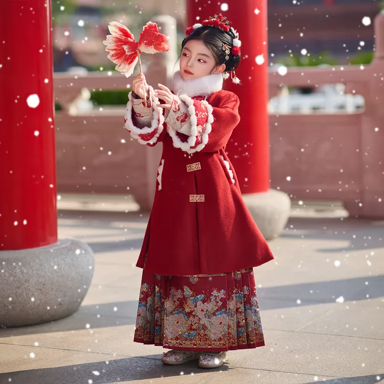 槿木缘【蝶恋花】女童毛呢外套儿童呢子大衣2025新款秋冬红色加厚