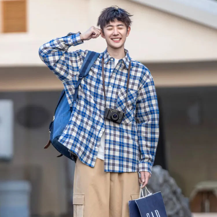 春秋季新款长袖格子衬衫男女美式复古蓝格子休闲宽松格纹衬衣外套