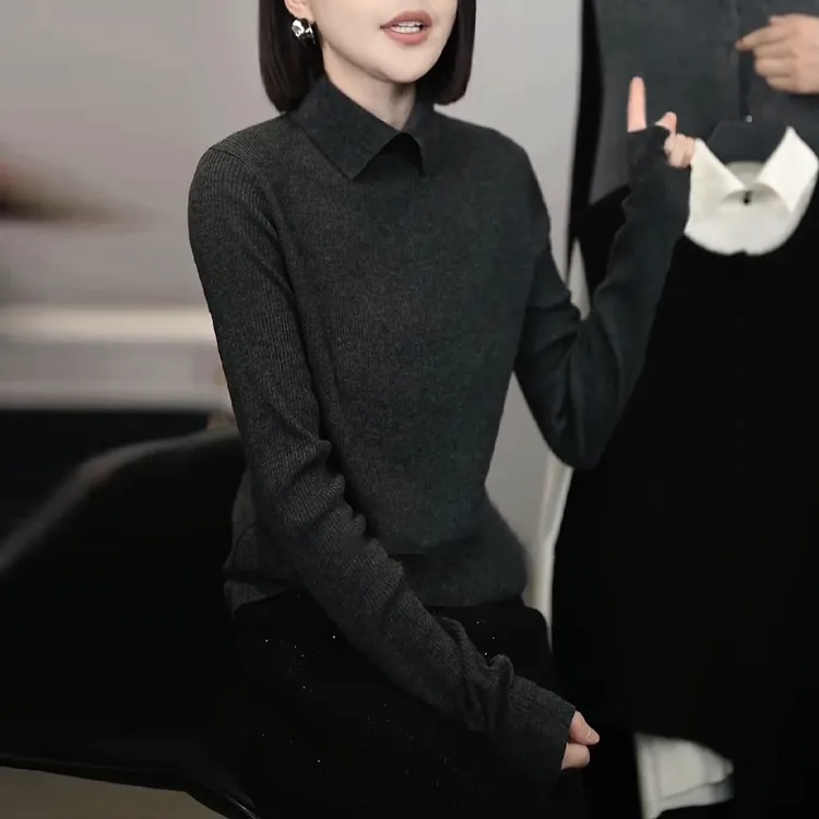 秋季新款气质女装高级感洋气纯色翻领长袖打底衫T恤显瘦时髦上衣