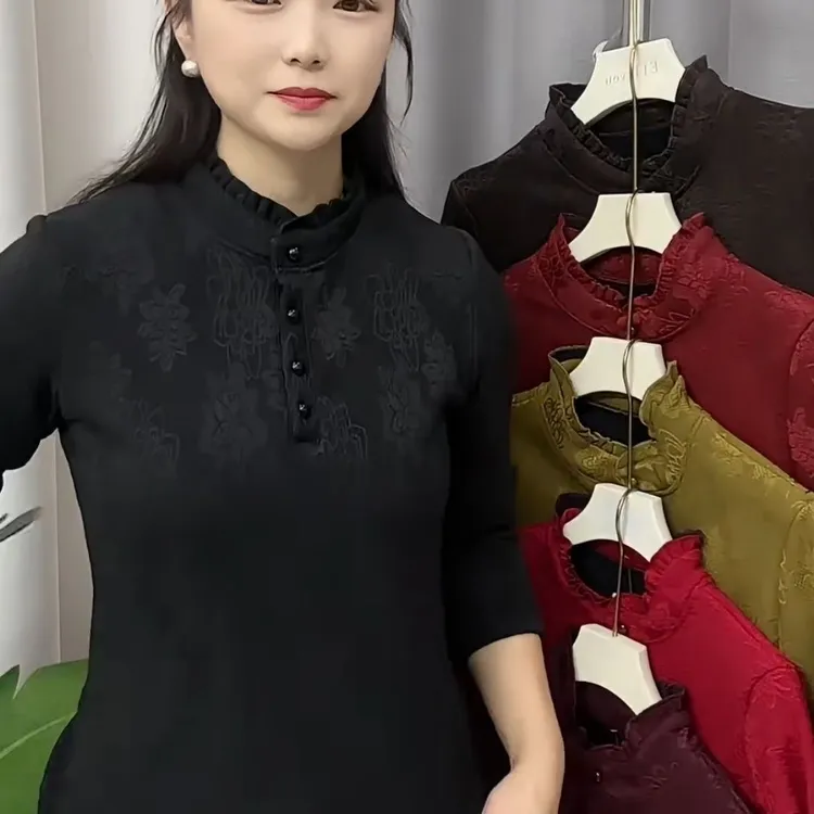 新款加绒保暖上衣荷叶领休闲风女装拼接时尚长袖加厚小衫卫衣