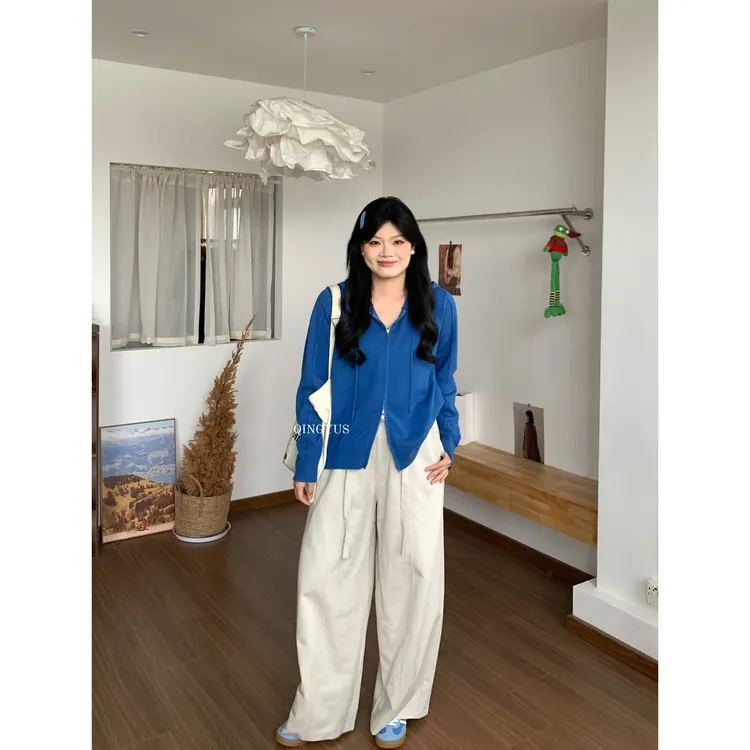 青屿衫-微胖显瘦韩系高级感气质连帽毛衣外套女百搭针织开衫秋季