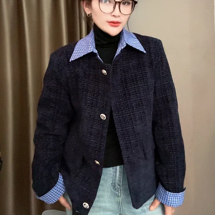 （小型风）翻领格子短款女长袖常规短外套女装秋季宽松大衣时尚