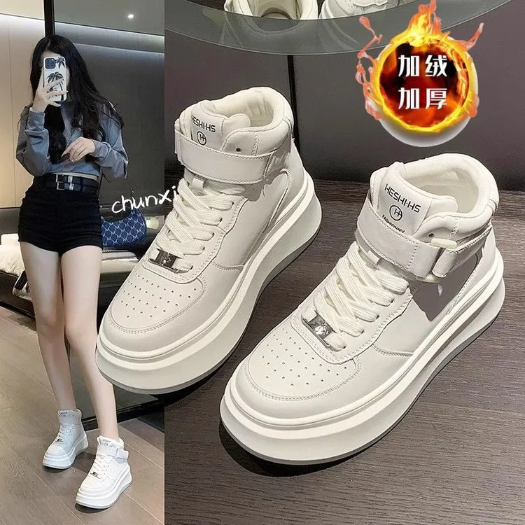 欧洲站拼色小白鞋女2025秋冬新款百搭松糕厚底高帮系带休闲板鞋潮