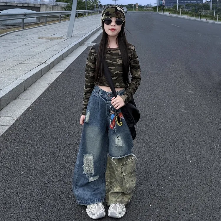 美式复古迷彩阔腿牛仔裤2025春秋女童街头风痞帅高级感炸街裤子潮