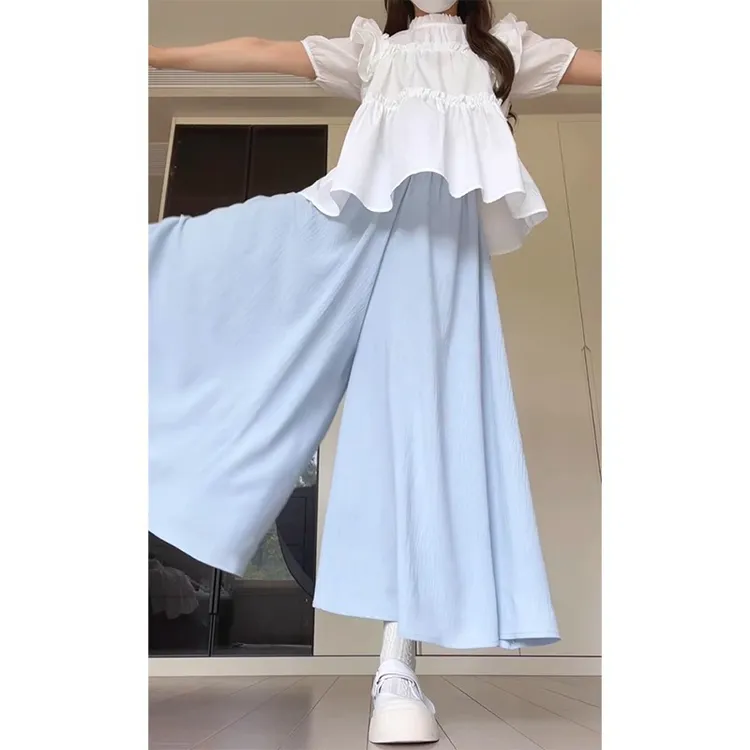 蓝色裙裤女夏季2025新款小个子高腰a字半身百褶裙垂感休闲阔腿裤