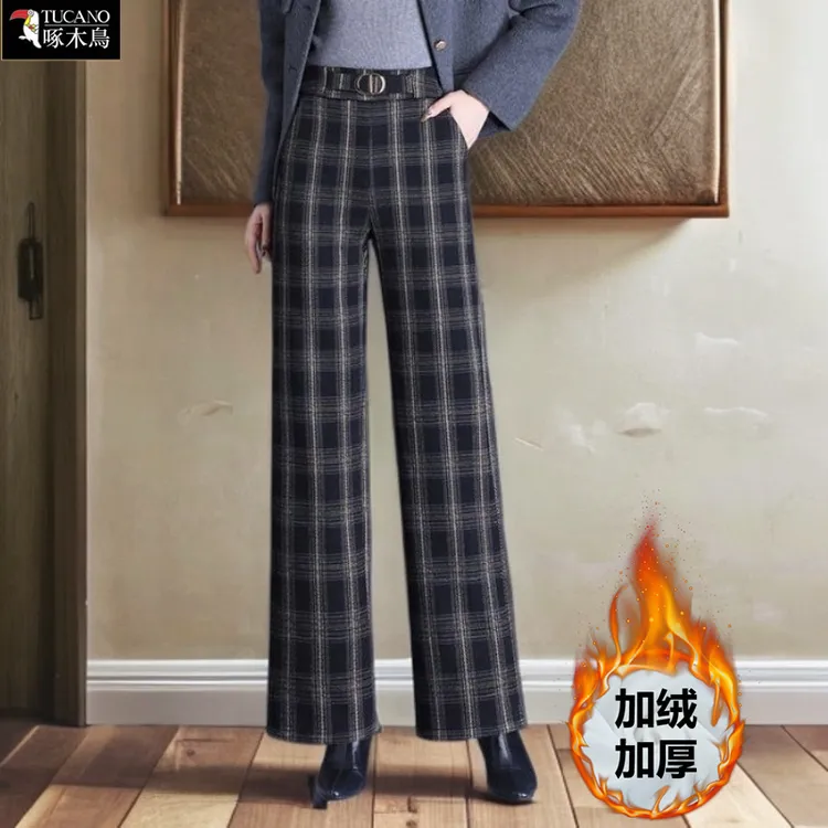 啄木鸟正品爆款撞色毛呢格子裤女新款秋冬加绒裤子高腰显瘦阔腿裤