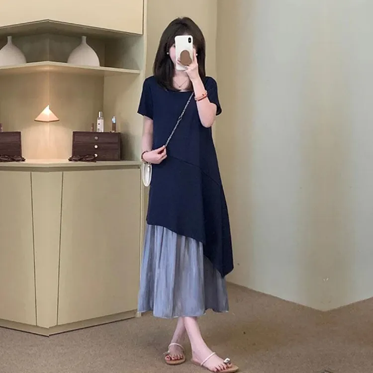 FUGM 法式气质短袖连衣裙女2025夏季高级感时尚拼接假两件t恤裙子