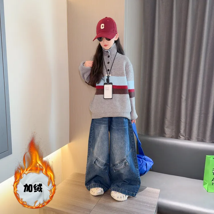 女童半高领毛衣冬装2025新款儿童洋气加厚针织衣牛仔裤两件套冬装