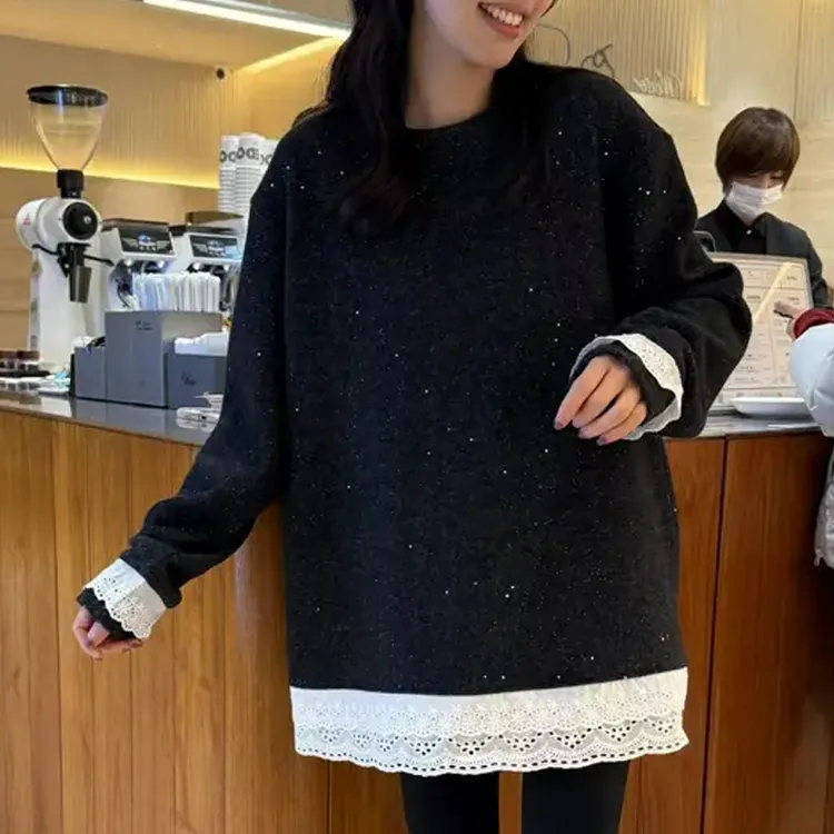 蕾丝拼接亮闪闪长袖T恤女秋冬洋气别致漂亮减龄假两件中长款上衣