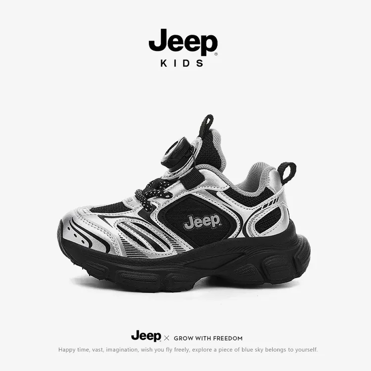 jeep儿童运动鞋秋女童网面防滑纽扣运动鞋男童户外防撞鞋头跑步鞋