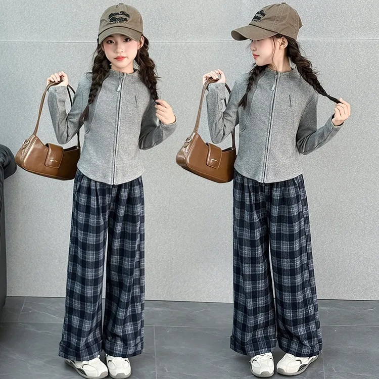 女童秋装套装2025新款儿童韩系洋气立领开衫时髦格子裤休闲两件套