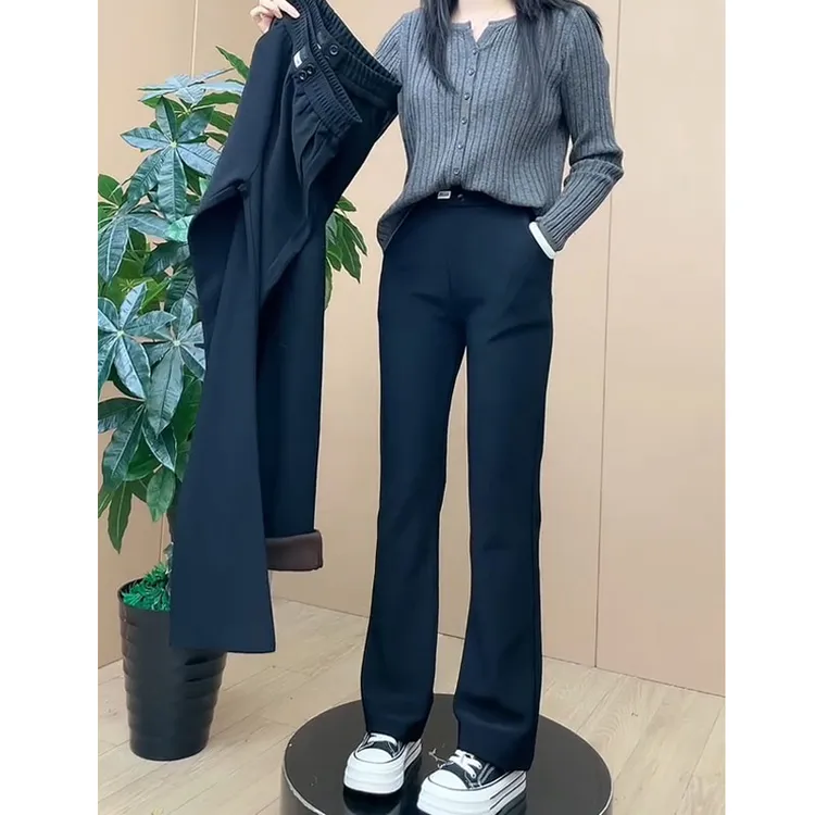 黑色微喇休闲长裤女春秋冬新款高腰百搭弹力大码显瘦修身喇叭裤子