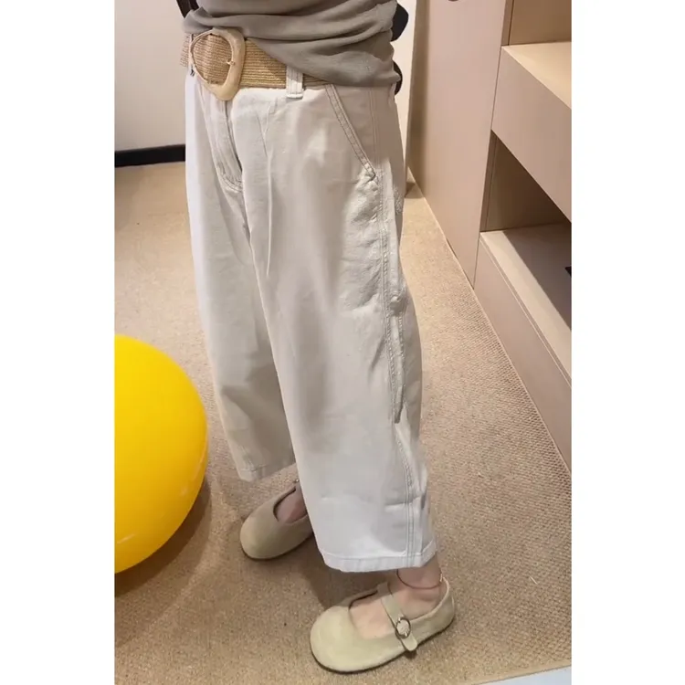 夏季高腰百搭宽松时尚阔腿潮流显瘦麻料宽松牛仔裤