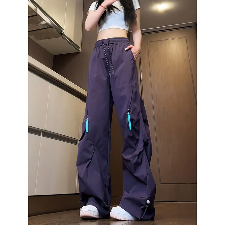 乌梅紫色拉链冲锋裤女款夏季薄款美式伞兵工装裤防水速干登山长裤