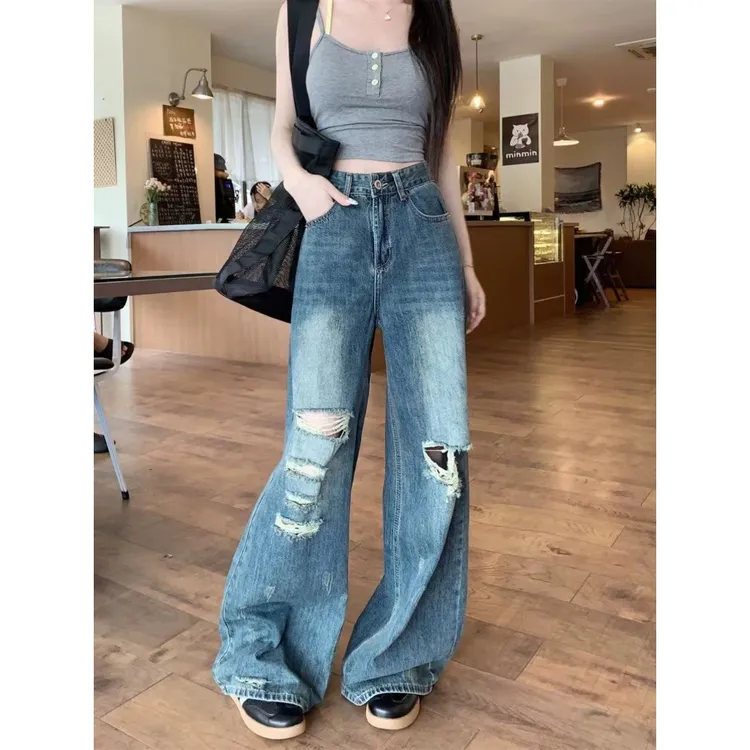 夏季破洞阔腿复古蓝高腰牛仔裤女做旧新款直筒小个子显瘦辣妹长裤