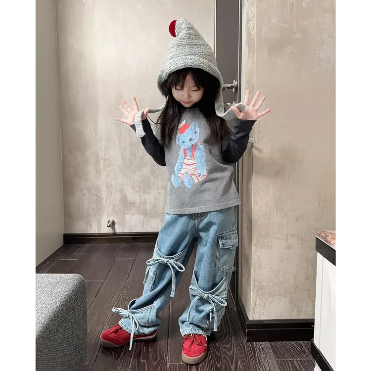 壹妈童装女童套装2025新款儿童秋装超好看假两件上衣蝴蝶结牛仔裤