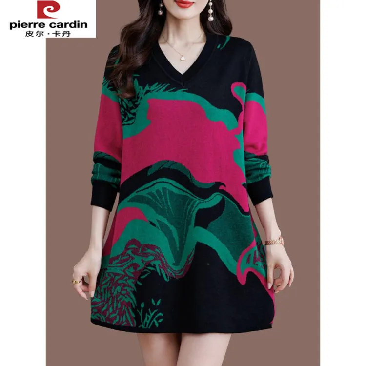 皮尔卡丹秋冬季大码女装胖mm宽松羊毛打底衫时尚洋气印花V领针织