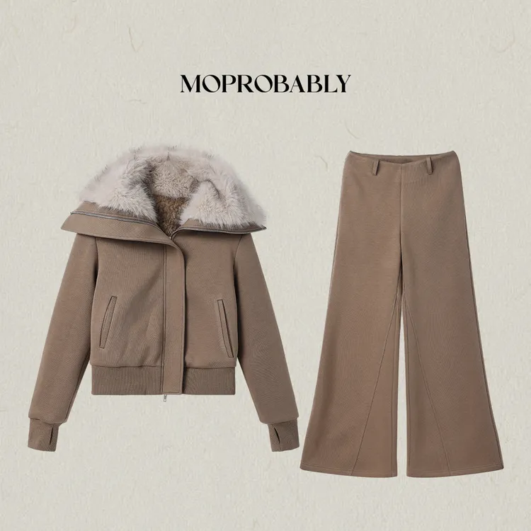 Moprobably李予诺「羽翼新」简约时尚休闲百搭毛毛领套装L5453004